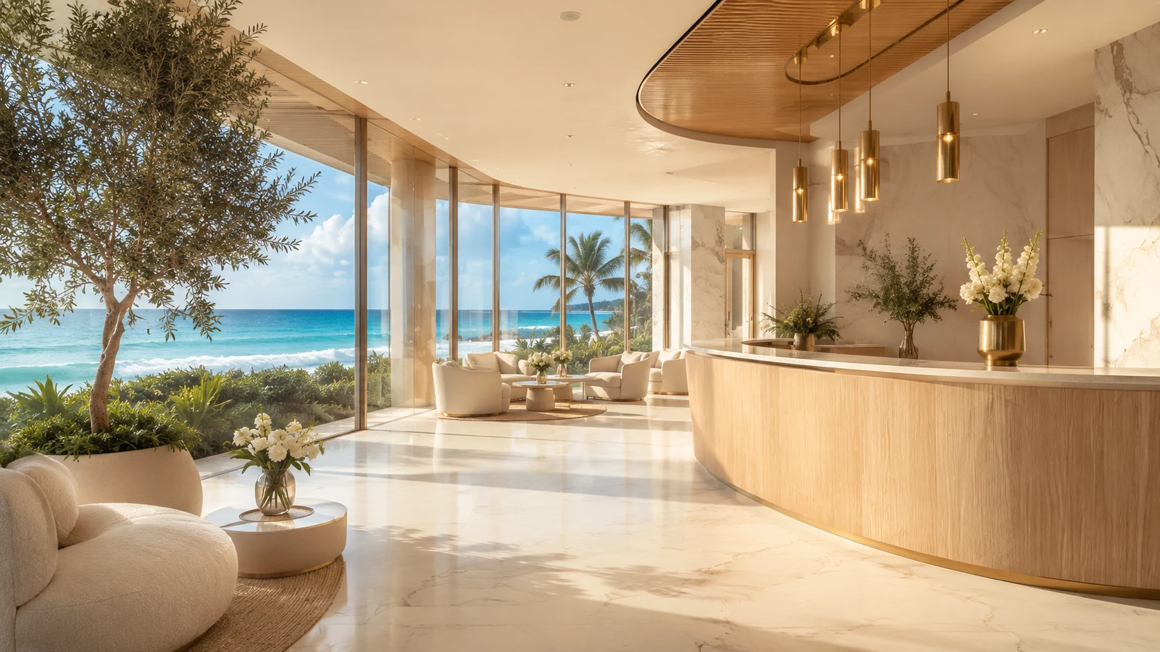 Reception lobby — curved white-oak desk, marble floor, ocean through floor-to-ceiling glass