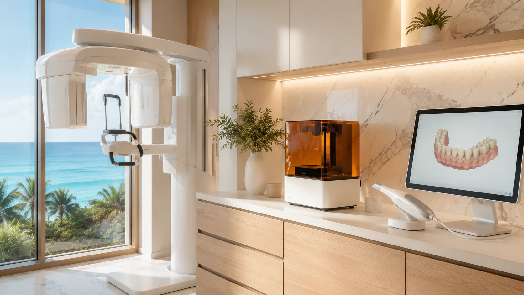 Imaging suite — CBCT scanner, desktop 3D printer, and intraoral scanner with a 3D dental arch on screen