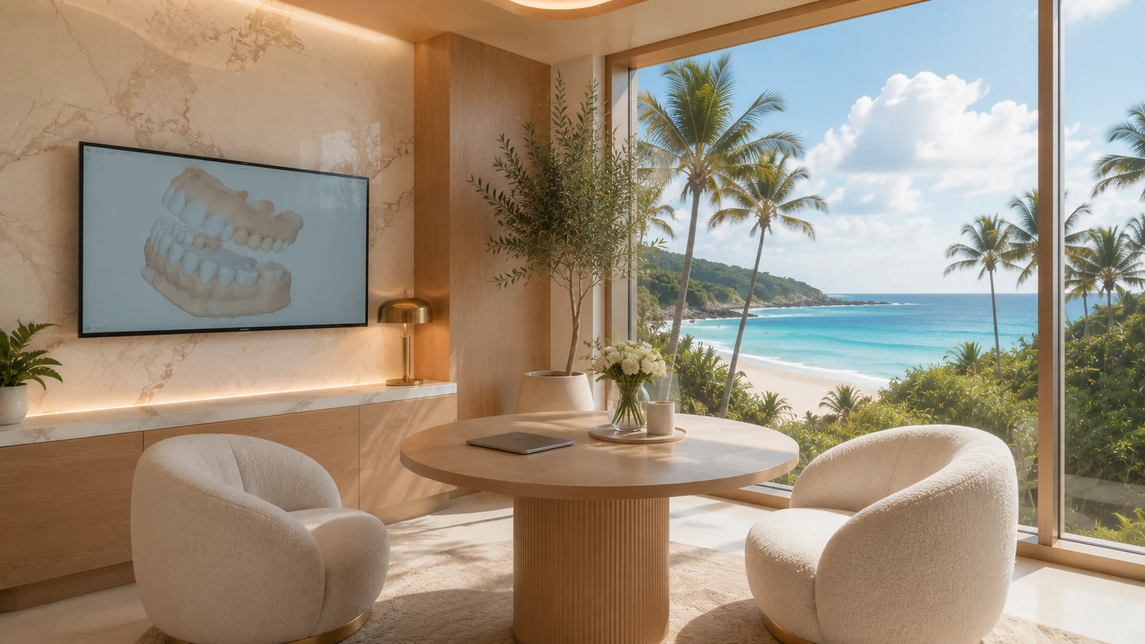 Consultation room — round oak table, cream chairs, wall monitor with a 3D dental scan
