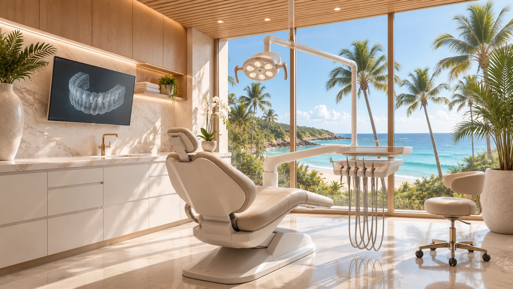 Treatment room — cream dental chair beneath an oak-slat ceiling, ocean view out the window