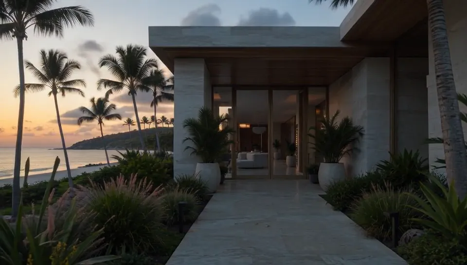 The studio entrance at dusk — warm interior light under a sunset sky