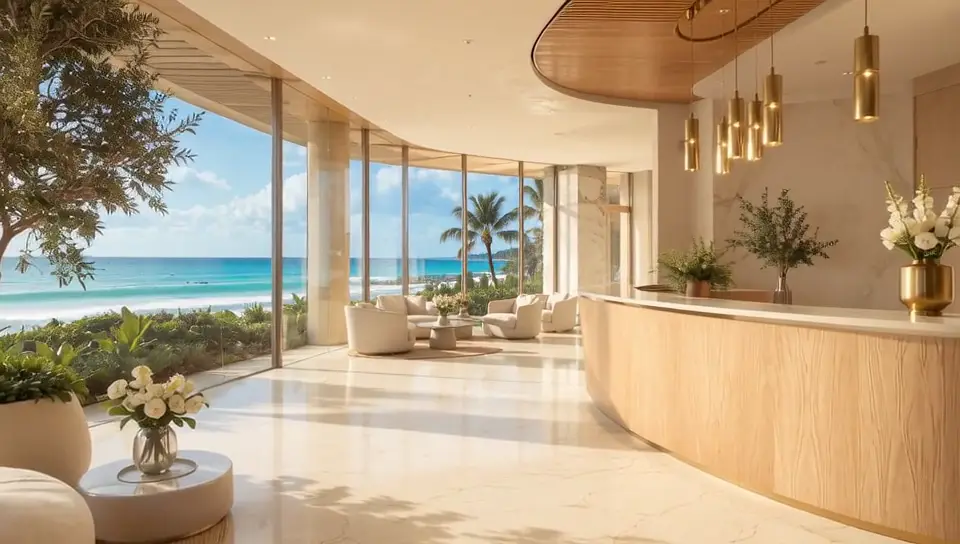 Reception — a curved white-oak desk on marble with the water framed in glass