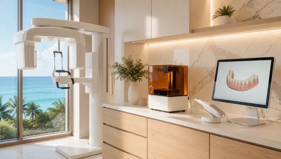 Inside the imaging suite — CBCT by the window, printer and scanner on the counter