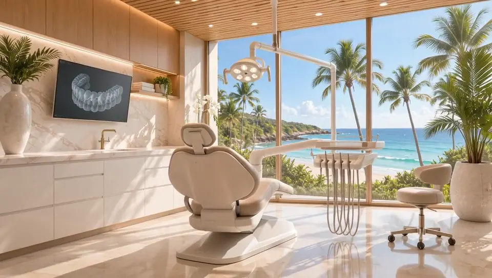 The treatment room from the side — chair, delivery unit and the full ocean window