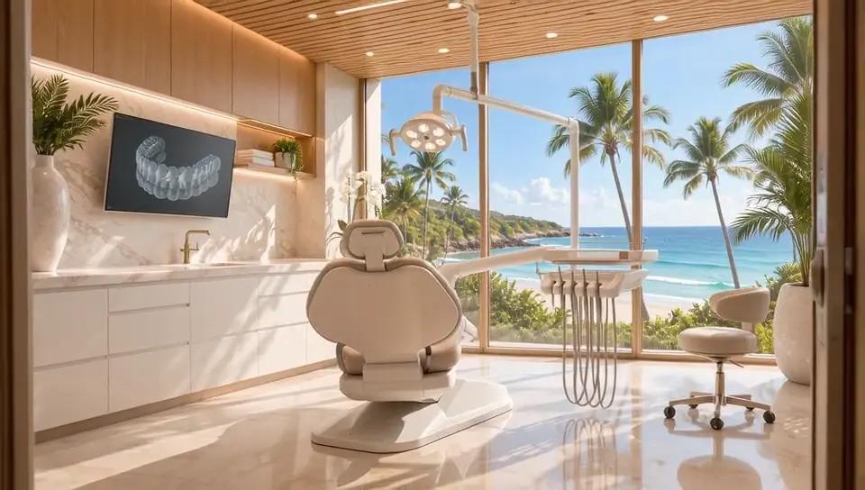 Treatment room with a cream chair beneath an oak-slat ceiling and an ocean view