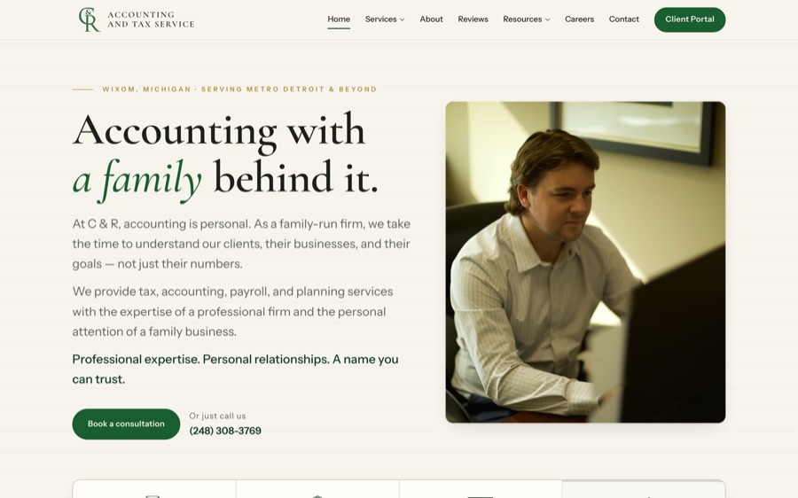 The new candraccounting.com homepage: the firm's own headline, a photograph of a team member at work, and a book-a-consultation button.