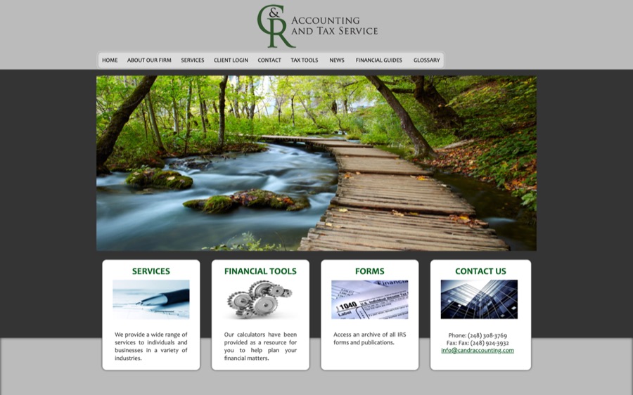 The firm's previous website: a grey vendor template with a stock photo of a forest stream and four clip-art cards.