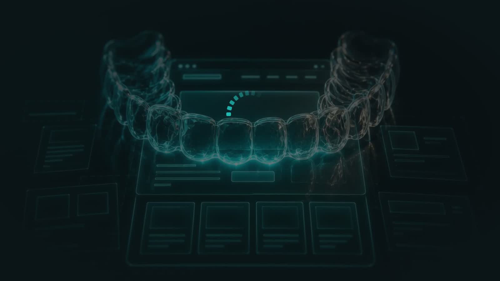 A clear aligner tray seating over a glowing website wireframe — a still from the SiteAligners film.