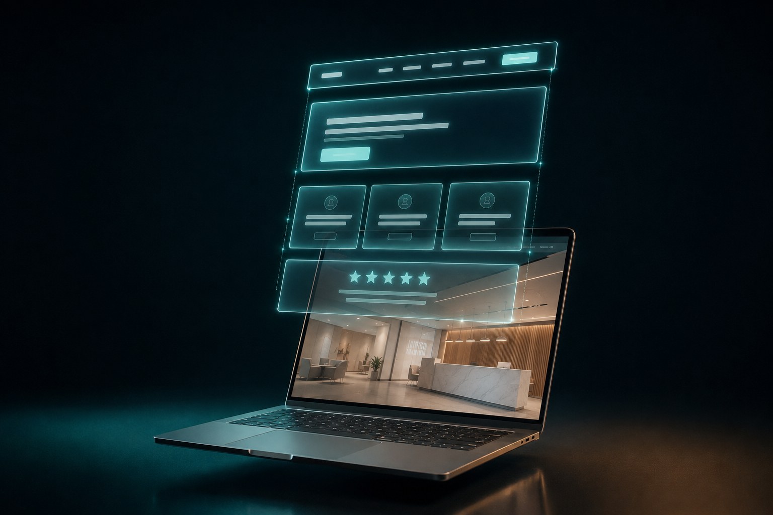 A laptop showing a finished dental-practice website, its layout sections lifting off the screen as glowing panels and snapping into one aligned column