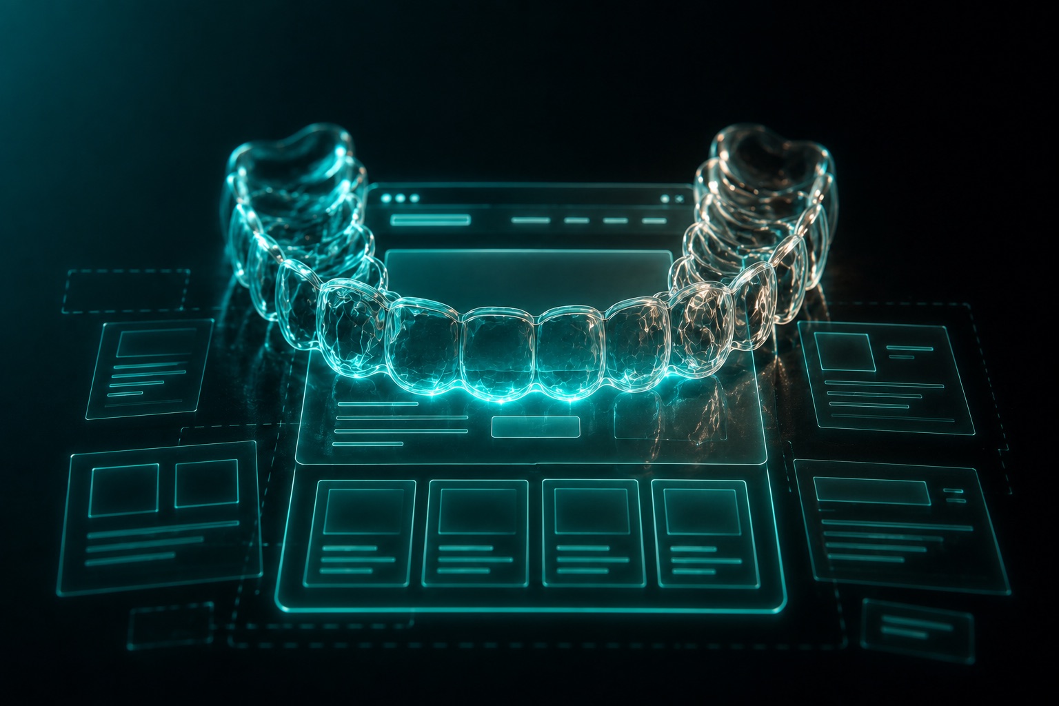 A clear aligner tray seated over a glowing holographic website wireframe, pulling its layout into perfect alignment