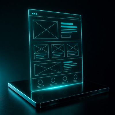 A glowing website wireframe rising from a dark glass slab.