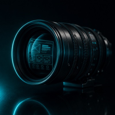 A cinema lens reflecting glowing website frames.