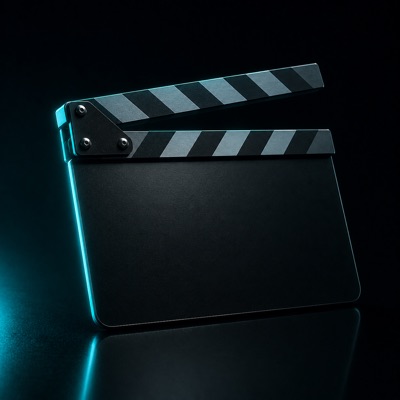 A film clapperboard in teal rim light.