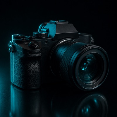 A professional camera in teal rim light.