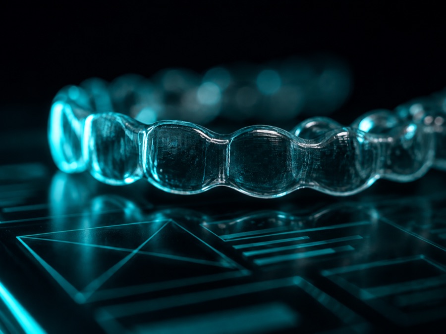 A clear dental retainer resting over glowing website wireframe lines — the care plan is a retainer for your website.